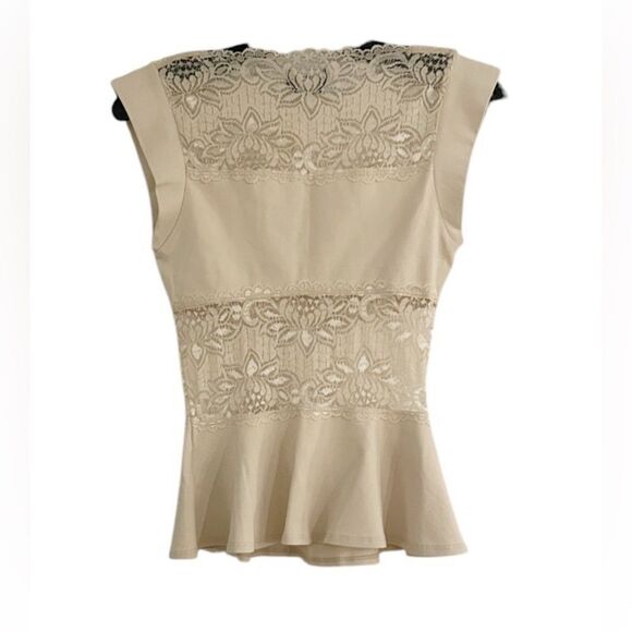 BEBE Cream Lace Panel Peplum Top Size XS - Picture 2 of 10